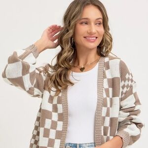 Mixed Checkered Knit Open Front Cardigan